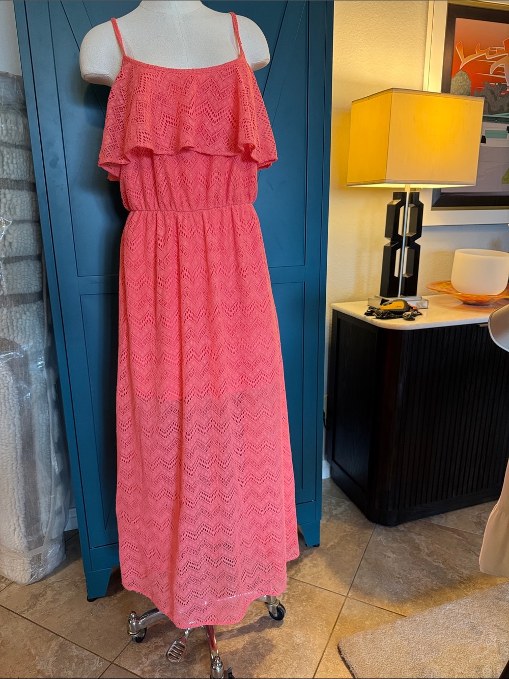 Coral Lace Ruffle Maxi Dress - Sleeveless Summer Style